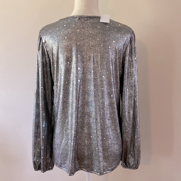 CURE brand women’s gray silver sparkle keyhole front blouse top l/s size M - Picture 2 of 12
